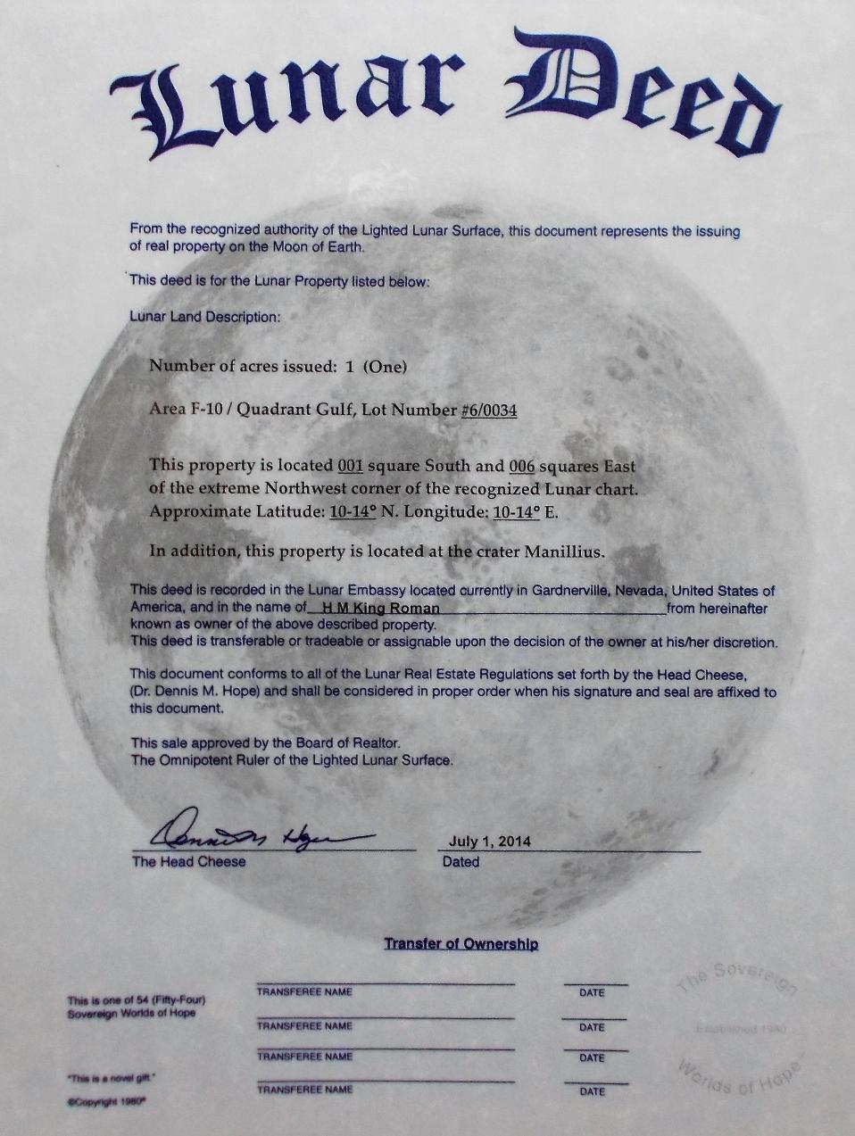 Lunar Deed for Kingdom of Alba on Copernicus
